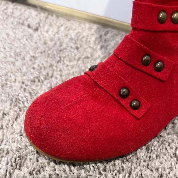Red Kids Military Style High Boots with Stud Accents - Picture 2 of 5